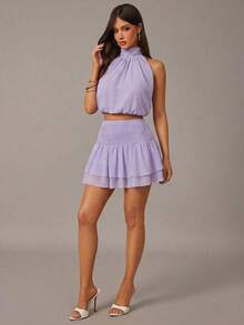Radiana 2pcs/Set Elegant Lilac Purple Chiffon Outfit,Summer Girly Vacation Ruffle Backless Top & Ruffled Mini Skirt, Women's Summer Co Ord Dress Set - Purple - View 7