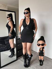 POPSWAY Plus Size Women V-Neck Ruched Front Hollow Design Sleeveless Backless Dress - Black - View 1