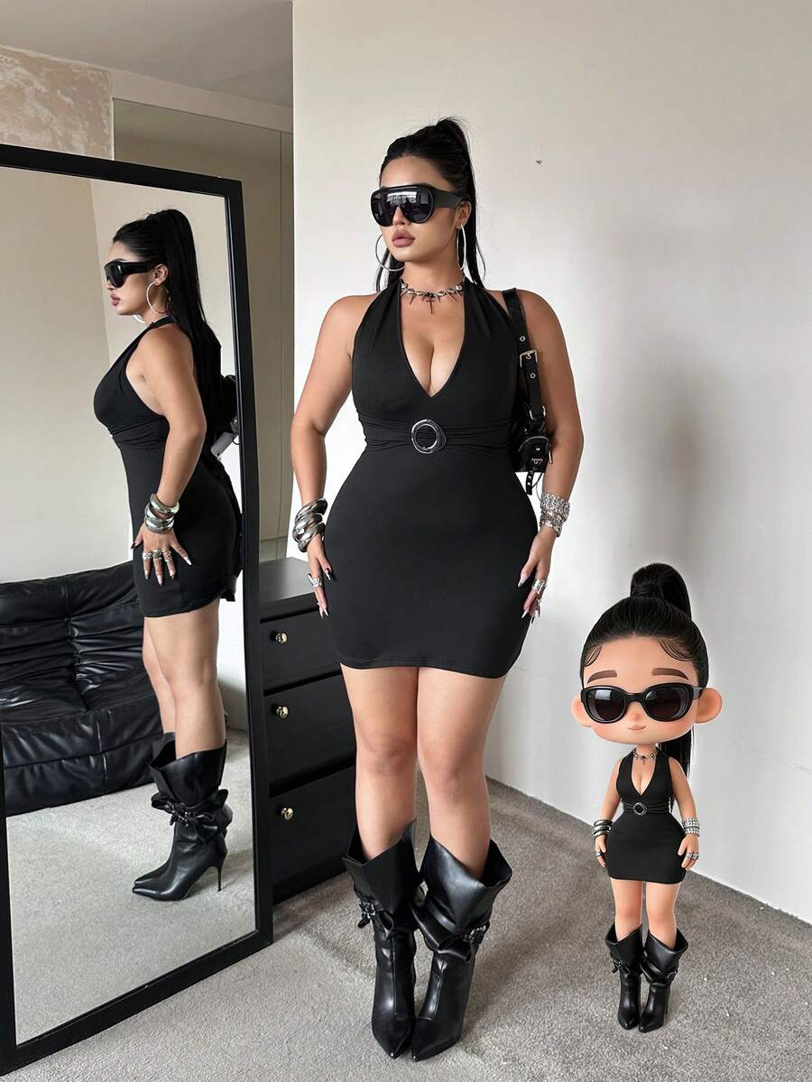 POPSWAY Plus Size Women V-Neck Ruched Front Hollow Design Sleeveless Backless Dress - Black - View 1