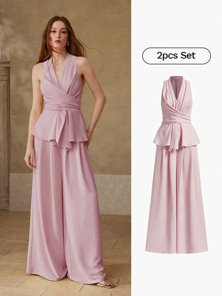 WOMEN'S SLEEVELESS TIE-UP TOP AND LONG PANTS 2 PIECES SET, MINIMALIST FOR DATES, SPRING/SUMMER