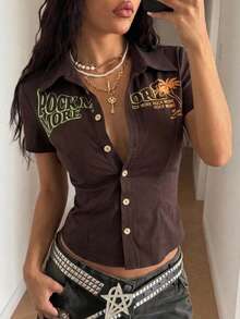 StreetHx Women's Letter & Palm Tree Print Short Sleeve Punk Style Shirt - Brown - View 1