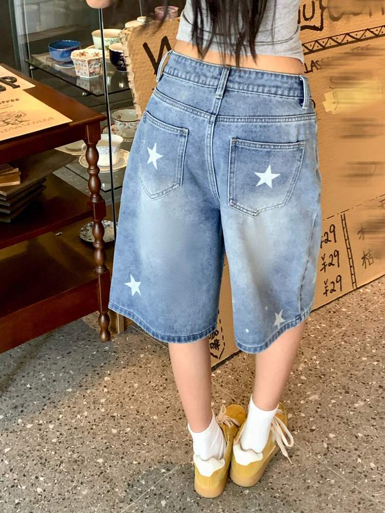 Women's Star Print Loose Fit Denim Bermuda Shorts