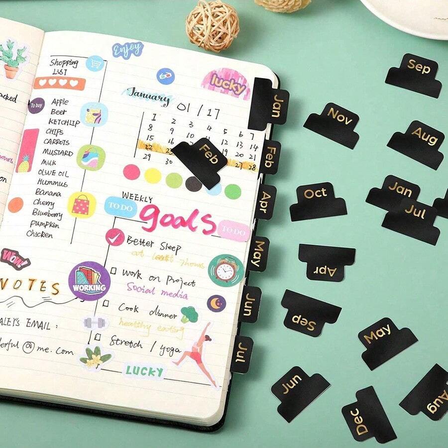 10 Sheets Adhesive Index Tabs, Writable Blank Monthly Planner Stickers, Double-Sided Bookmarks Note Labels, Removable Annotation Tags For Marking Classifying Organizing - Black-10 Sheets - View 1