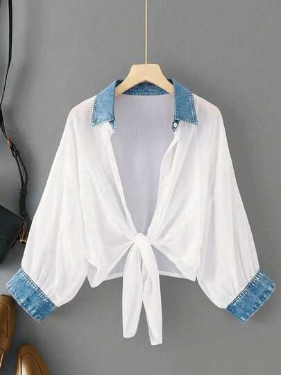 SHEIN LUNE Women's Shirt Collar Raglan Sleeve Patchwork Blue Front Tie Bow Button Design Sheer Casual Holiday Shirt, Minimalist Elegant Romantic Date Outfit Suitable For Summer Vacation White Crop Top Denim Collar Top Bow Tie Top Blouse Stylish Blouses For Women Crop Tops For Women New Arrival Tops For Women Zipper Top Zip Up Top Zoo Outfits Women Zip Cardigan Women