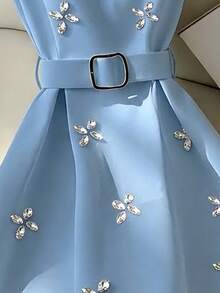 GlowEve New Summer High-End Elegant Luxury Unique Rhinestone Embellished Dress - Baby Blue - View 3