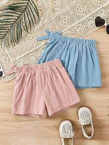 SHEIN 2 Peças Conjunto de Shorts Casuais de Cor Sólida Tecidos para Meninas Jovens - Multicolorido - Visão 2