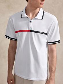 Courvante 男士条纹印花短袖休闲Polo衫，夏季男士Polo衫男士T恤男士时尚T恤男士夏季衬衫巴黎T恤 - 白色 - 查看 4