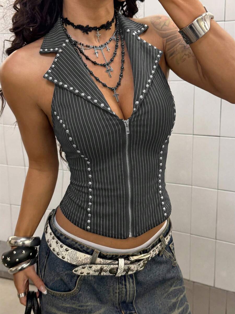 SHEIN Unity Women's Punk Rock Music Festival Sleeveless Fitted Shirt - Grey - View 1