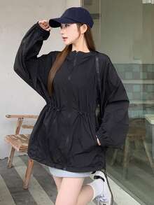 DAZY 女士休闲抽绳连帽轻薄外套，宽松版型，适合春夏秋三季穿着，时尚街头风外套 - 黑色 - 查看 6