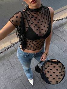 Siren Gaze Áo kiểu nữ chấm bi lưới cổ đứng viền bèo nhún xuyên thấu gợi cảm - màu đen - Xem 9