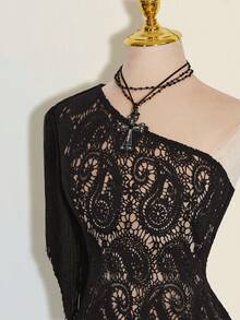 SHEIN ICON Áo kiểu nữ thời trang màu hạt điều, lệch vai, viền tua rua. - màu đen - Xem 9