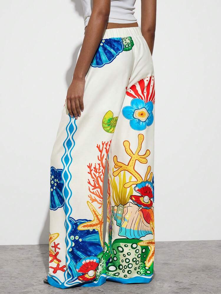 SHEIN Maija MAIJA Vacation Ocean Print Elastic Waist Flowy Wide Leg Pants
