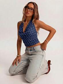 SHEIN BAE Minimalist Brown Mesh Halter Loose Knit Tank Top, Suitable For Casual Wear, Commuting, Dating, Hanging Out With Friends, Vacation In Italy, And Versatile Occasions In Spring & Summer - Navy Blue - View 4