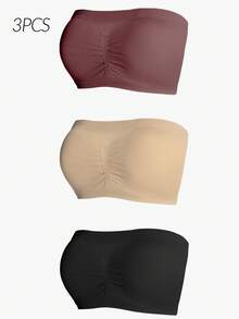 3pcs Women's Solid Pleated Bandeau Bra Set - Multicolor - View 1