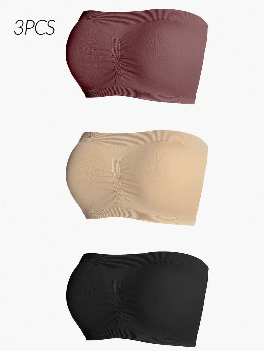 3pcs Women's Solid Pleated Bandeau Bra Set - Multicolor - View 1