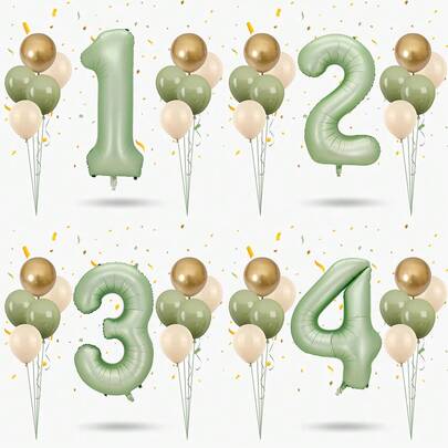 MINKOJA 12个鼠尾草绿复古气球套装，含一个32英寸橄榄绿数字铝箔气球，适用于一周岁生日派对装饰、房间装饰、家居装饰、婚礼、母亲节礼物、圣诞节等场合。