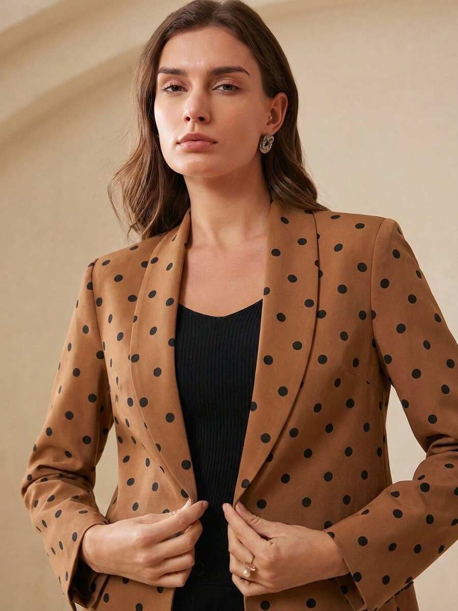 BELROSIE Chaqueta blazer con estampado de lunares negros, artesanía personalizada premium, estilo retro pop art, adecuada para el trabajo, uso diario, primavera y otoño, con cuello de solapa, corte entallado, tela de poliéster suave. Características clave: Blazer de lunares, chaqueta única, artículo de moda, estilo lujoso, vintage clásico, chaqueta de primavera/otoño, diseño versátil, ligera y cómoda, estilo popular europeo y americano. Chaqueta blazer elegante y versátil de estilo profesional para ir al trabajo - Café integral - Ver 1