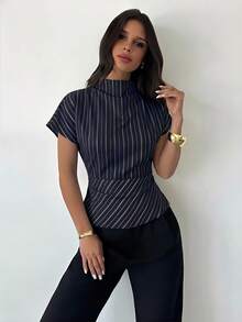 Firerie Áo sơ mi nữ kẻ sọc xanh navy và trắng, phong cách tối giản, cổ điển, thanh lịch, đa năng, ấm áp, tay áo bất đối xứng và nhún eo, phù hợp cho công sở, đi làm, mùa hè và mọi mùa. - trắng - Xem 1