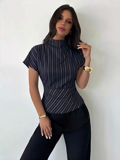 Firerie Camisa de mujer de rayas azul marino y blanco, de estilo minimalista, retro y elegante, versátil y cálida, con mangas asimétricas y fruncido en la cintura, adecuada para la oficina, el transporte, el verano y todas las estaciones