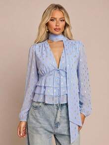 Glamine Chemise décontractée de style français pour femmes avec motif de feuilles dorées métalliques, ruban amovible, ourlet à volants multicouches, convenant à l'automne et à l'hiver - Bleu ciel - Voir 3