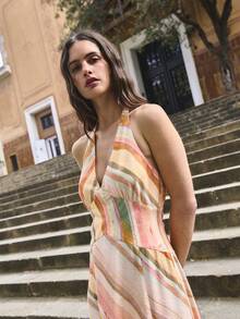 Nöista Halter Dress In Red And White Checkered Stripe,Summer,Boho,Vacation,Holiday,Twist-Front Bodice Open-Back Adjustable Tie,Resort Beach Wedding Dinner - Multicolor - View 7