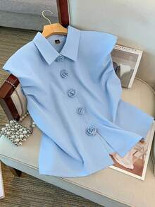SHEIN CURVE+ 大码女式纯色3D立体花卉装饰时尚衬衫 - 藍色 - 查看 7