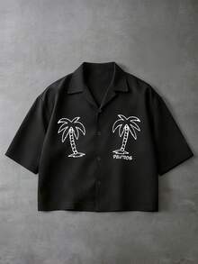 PAVTROS Men's Short Sleeve Shirt With Coconut Tree Embroidered Pattern,Black And White,Summer,Casual,Beach,Holiday Streetwear Streetstyle Gift For Boyfriend - Black - View 1