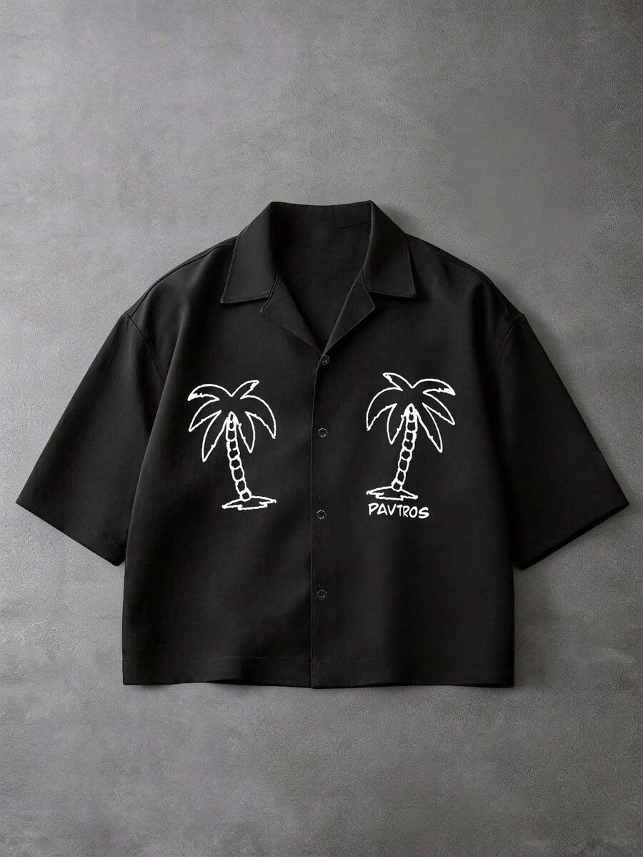 PAVTROS Men's Short Sleeve Shirt With Coconut Tree Embroidered Pattern,Black And White,Summer,Casual,Beach,Holiday Streetwear Streetstyle Gift For Boyfriend - Black - View 1