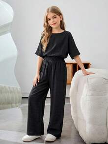 SHEIN 少女纯色圆领短袖T恤搭配阔腿裤休闲日常穿搭 - 黑色 - 查看 8