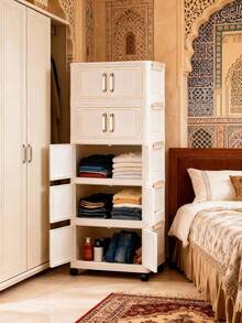 1 (45cm/17.7 Inches)-(60cm/23.6 Inches) Wide Folding Storage Cabinet, Clothing Cabinet Storage Box, Household Storage Storage Portable Wardrobe, Double-Door Folding Box, 1-5 Layers Optional, Thickened Double-Door Wheeled Storage Cabinet, Household Installation-Free Storage Rack, Clothes Toy Plastic Folding Storage Cabinet - Milky White - View 1