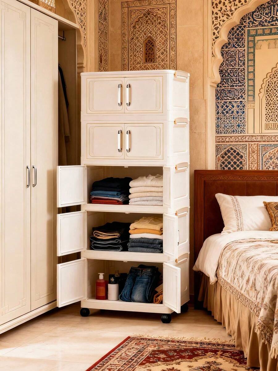 1 (45cm/17.7 Inches)-(60cm/23.6 Inches) Wide Folding Storage Cabinet, Clothing Cabinet Storage Box, Household Storage Storage Portable Wardrobe, Double-Door Folding Box, 1-5 Layers Optional, Thickened Double-Door Wheeled Storage Cabinet, Household Installation-Free Storage Rack, Clothes Toy Plastic Folding Storage Cabinet - Milky White - View 1