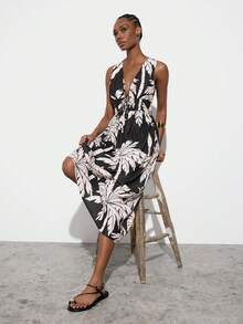 Đầm maxi MAIJA Vacation họa tiết cọ nhiệt đới, cổ chữ V sâu, thắt dây phía sau. - Nhiều màu - Xem 3