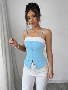 Franclia Contrast Color Strap Women's Tank Top, Button Decor Strap Women's Tank Top - Blue - View 6