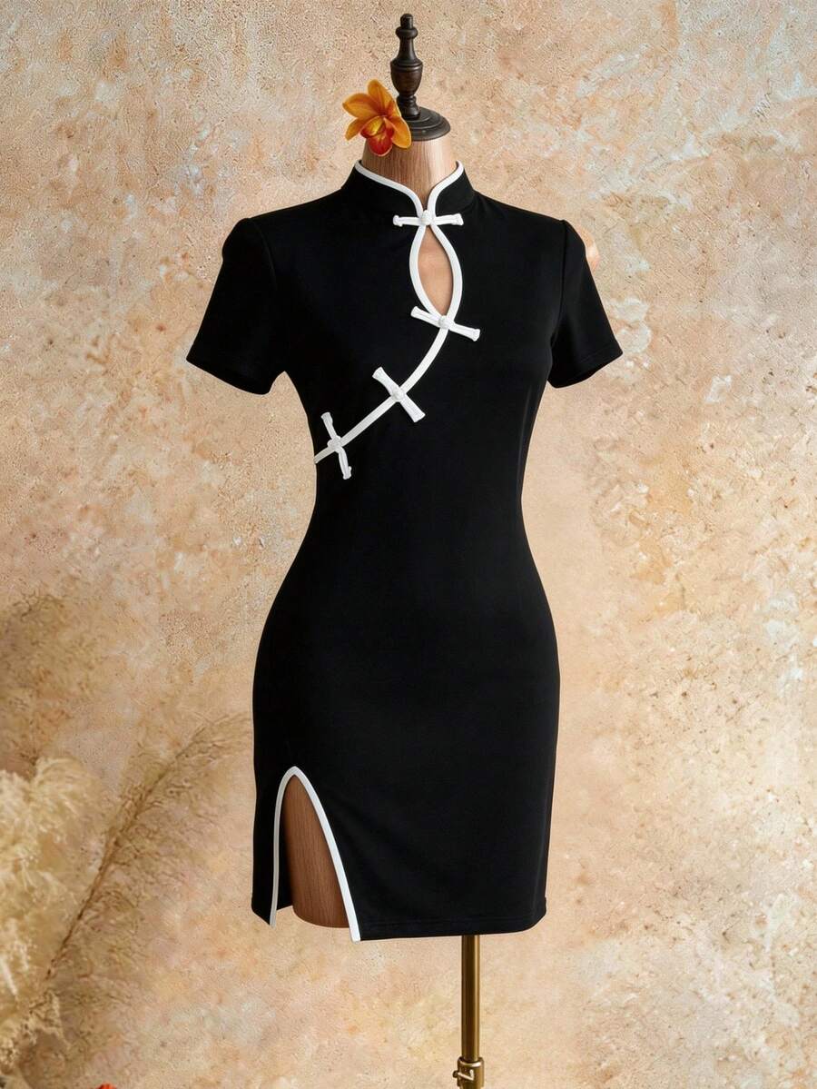 EastFlair Đầm ngắn tay ôm dáng thanh lịch có cúc cài dành cho nữ - màu đen - Xem 1
