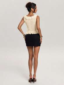 SHEIN BAE Áo kiểu nữ không tay, màu trơn, viền bèo nhún, thắt nơ phía trước. - Màu be - Xem 2