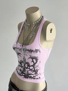 SHEIN DivaQ 女式街头亚文化字母朋克印花背心 - 粉色 - 查看 7