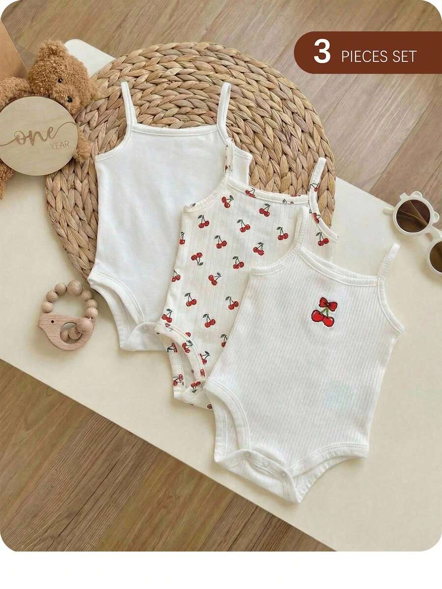 Bộ 3 món áo liền quần dệt kim dễ thương kiểu dáng thường ngày cho bé gái, in hình quả anh đào, có dây đeo.