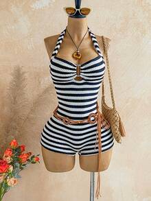 SHEIN WYWH Bộ áo liền quần cổ yếm kẻ sọc dành cho nữ, thích hợp cho kỳ nghỉ hè, với chi tiết vòng kim loại. - Đen và trắng - Xem 5