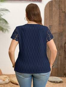 Clasi Camiseta de verano para mujer talla grande, blusa casual elegante, camiseta de punto jacquard blanca, camiseta de encaje con contraste - Azul marino - Ver 2
