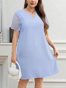 SHEIN Clasi 大码女式纯色V领短袖休闲连衣裙 - 淺藍色 - 查看 5