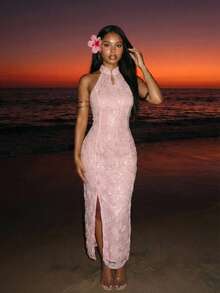 EastFlair 女士优雅提花露背开衩腰部连衣裙，适合派对穿着 - 泡泡糖粉 - 查看 4