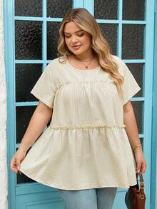 SHEIN CURVE+ 大码女式休闲通勤条纹衬衫，适合春夏穿着，法式休闲日常蜜桃色条纹长袖圆领修身衬衫，完美适用于度假、购物和春季远足。可与其他服装搭配，棕色上衣，大码娃娃衫，宽松衬衫。 - 彩色 - 查看 9