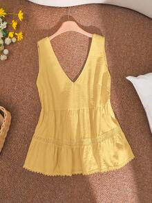 CosyJoli Plus Size Women Casual Lace Trim Sleeveless Blouse - Yellow - View 5