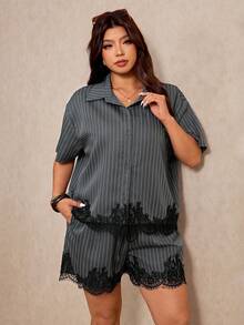 Elaquor Bộ đồ 2 mảnh dành cho nữ cỡ lớn: áo ngắn tay kẻ sọc phối ren và quần short, kiểu dáng thường ngày. - Nhiều màu - Xem 7