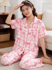 少女睡衣套装，优雅粉彩色格纹蝴蝶结泡泡纱短袖翻领开衫搭配长裤，粉色撞色荷叶边，两件套家居服 - 淺粉色 - 查看 4