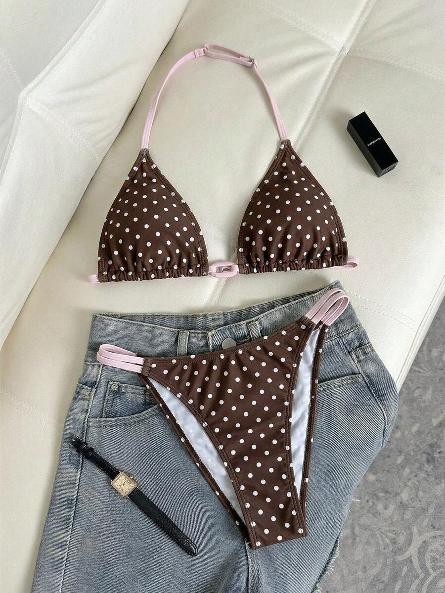 Bộ bikini hai mảnh họa tiết chấm bi cho bé gái tuổi teen, đồ bơi hai mảnh buộc dây họa tiết chấm bi đen trắng, thích hợp cho kỳ nghỉ hè, đi biển, bộ bikini mùa xuân/hè cho thiếu nữ, trang phục bikini mùa hè cho bé gái - màu nâu - Xem 1