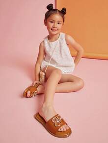 Mini mi #QuteChic 女童金色饰边外底缓震鞋垫醒目金属Logo搭扣精美PU棕褐色平底拖鞋——时尚、轻便、日常百搭 - 紫紅色 - 查看 5