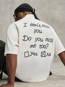 PAVTROS 男士休闲标语印花纽扣短袖衬衫，夏季 - 杏色 - 查看 6