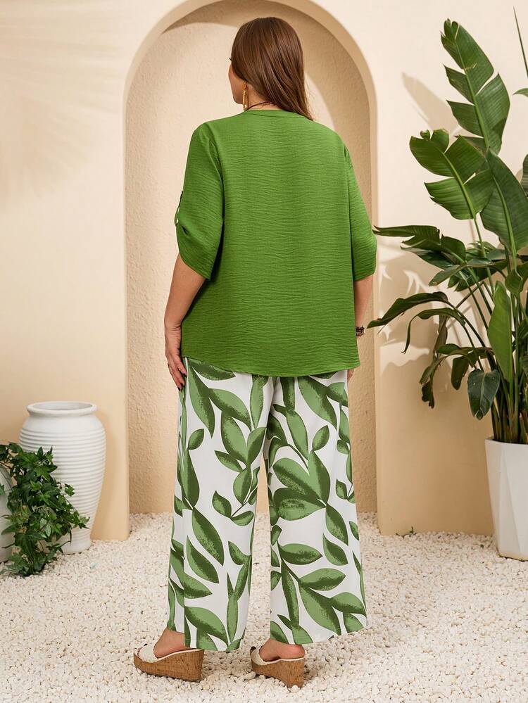 Plus Size Women Vacation Solid Cuffed Sleeve Shirt And Tropical Plant Wide Leg Pants Casual 2 Pieces Set