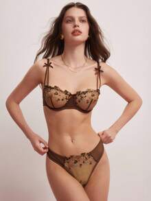 Elorette 2件套女士花卉刺绣网纱浪漫可爱性感内衣套装 - 咖啡棕 - 查看 6